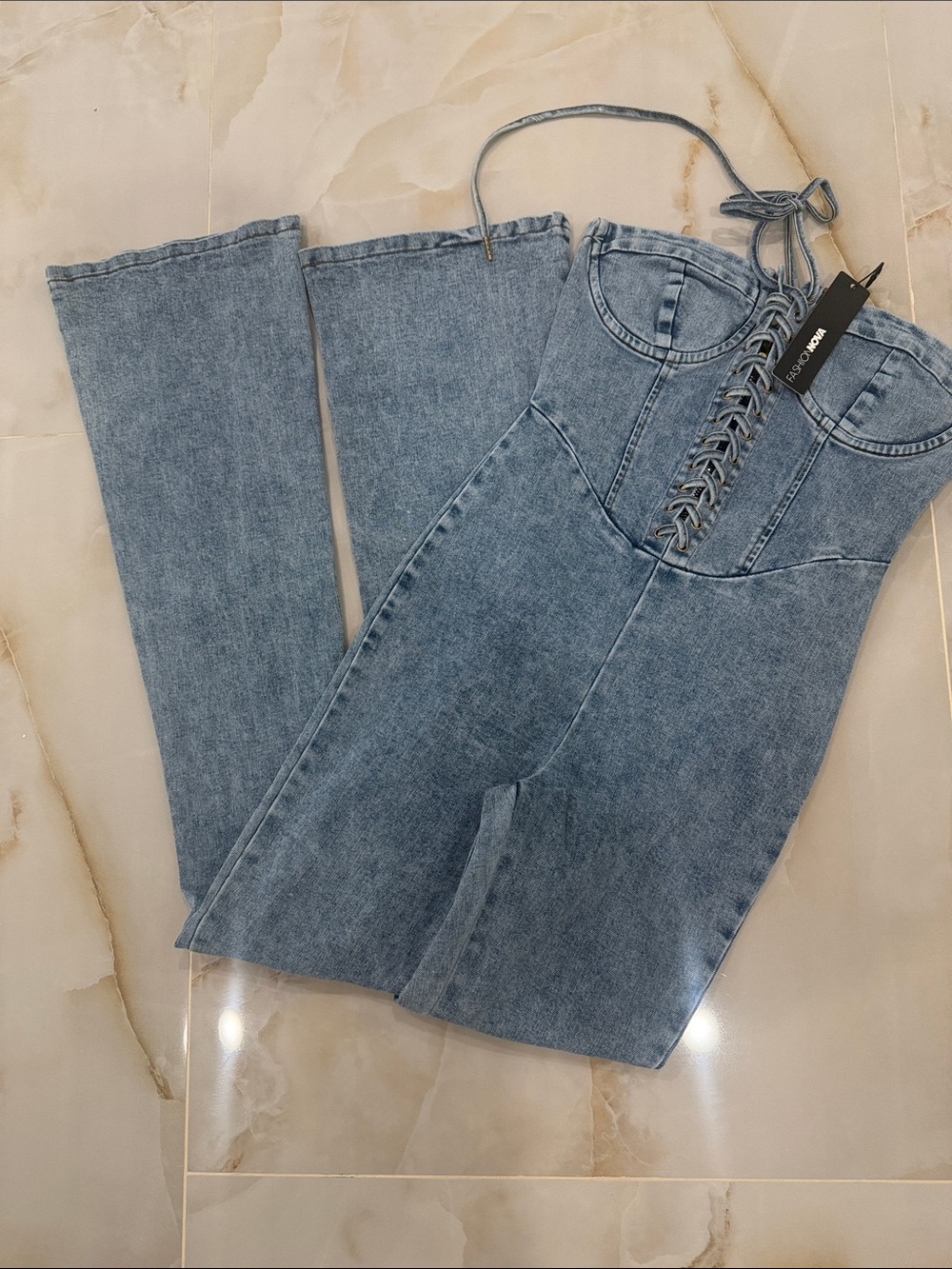 Fashion Nova Light Blue Lace-Up Corset Wide Leg Jeans